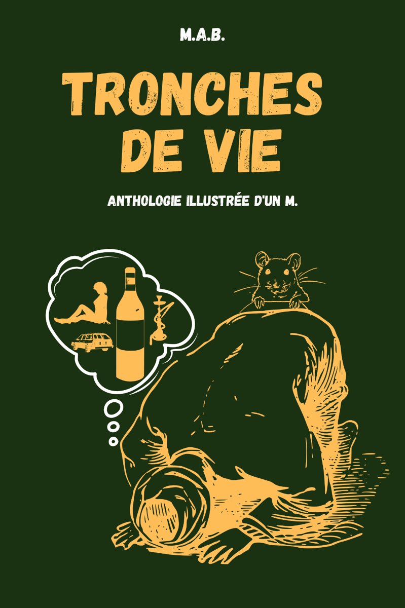 Couverture de Tronches de vie : sur fond vert sombre, un personnage dessiné rêve d'une bouteille, d'une chicha et d'une silhouette, sous le regard d'un rat.